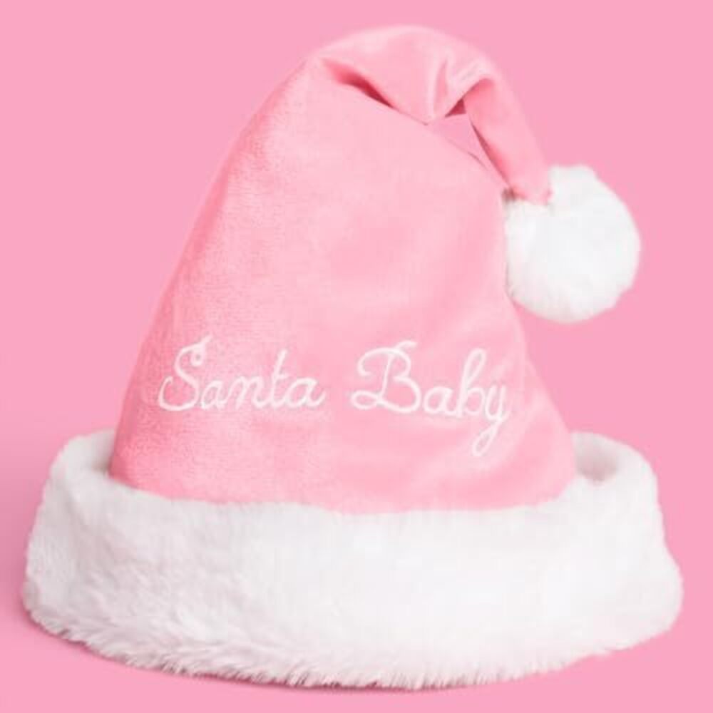 1914 Pink Santa Baby Hat | Holiday Gift, Pink and White Embroidered, Fuzzy